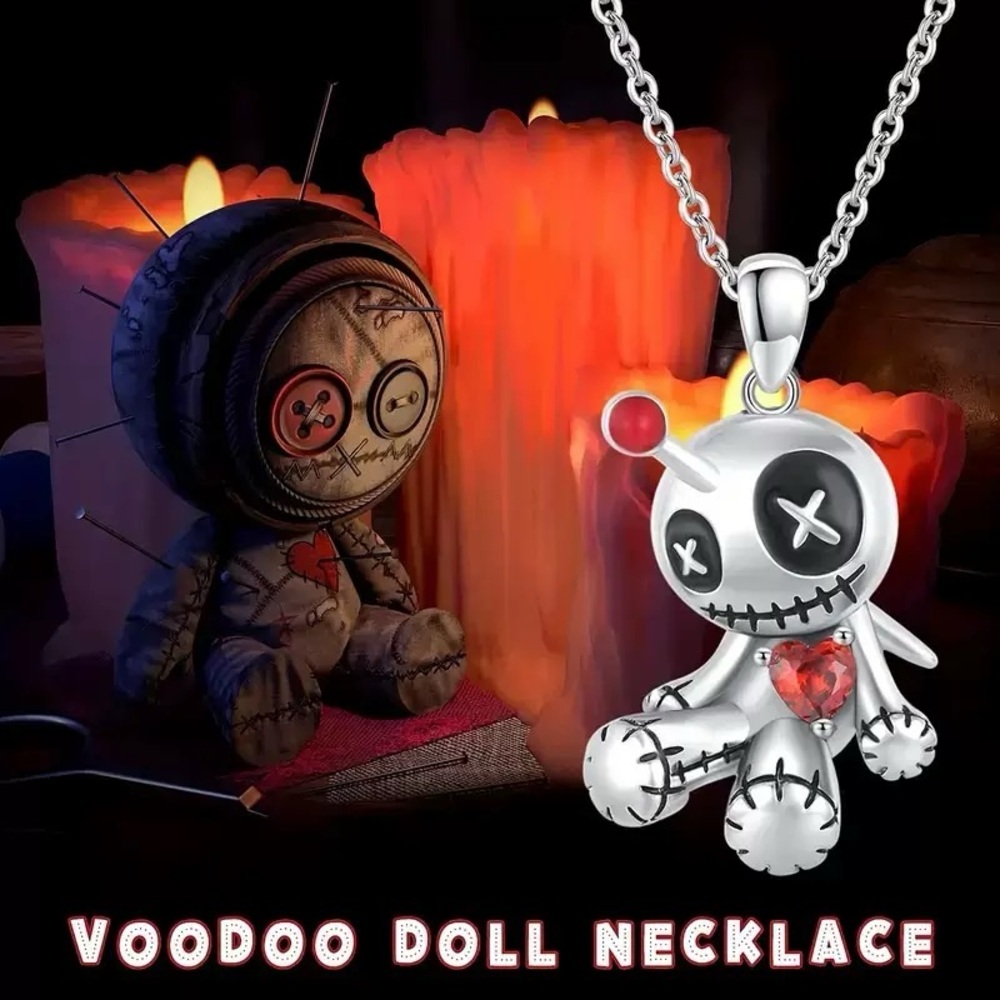 Anthropologie Silver Voodoo Doll Necklace with Red Heart Accent